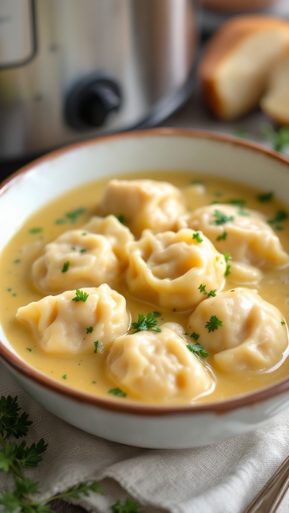 A bowl of creamy chicken dumplings with chicken pieces and fluffy dumplings in a rich broth, garnished with herbs.